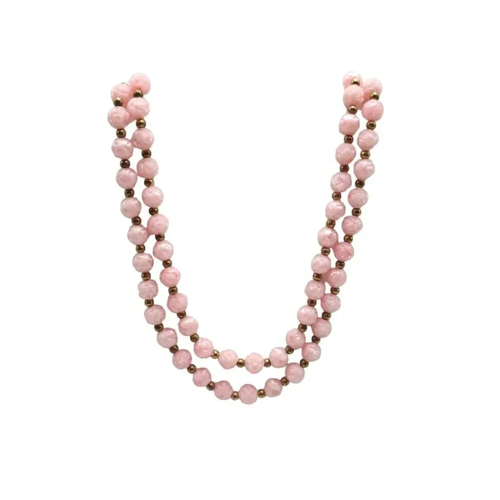 Pink Acrylic Molded Flower Bead Beaded Necklace Gold Tone Vintage 55 in
